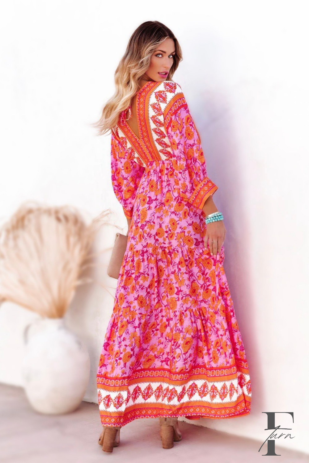 Fancy Tangerine Floral V-Neck Maxi Dress