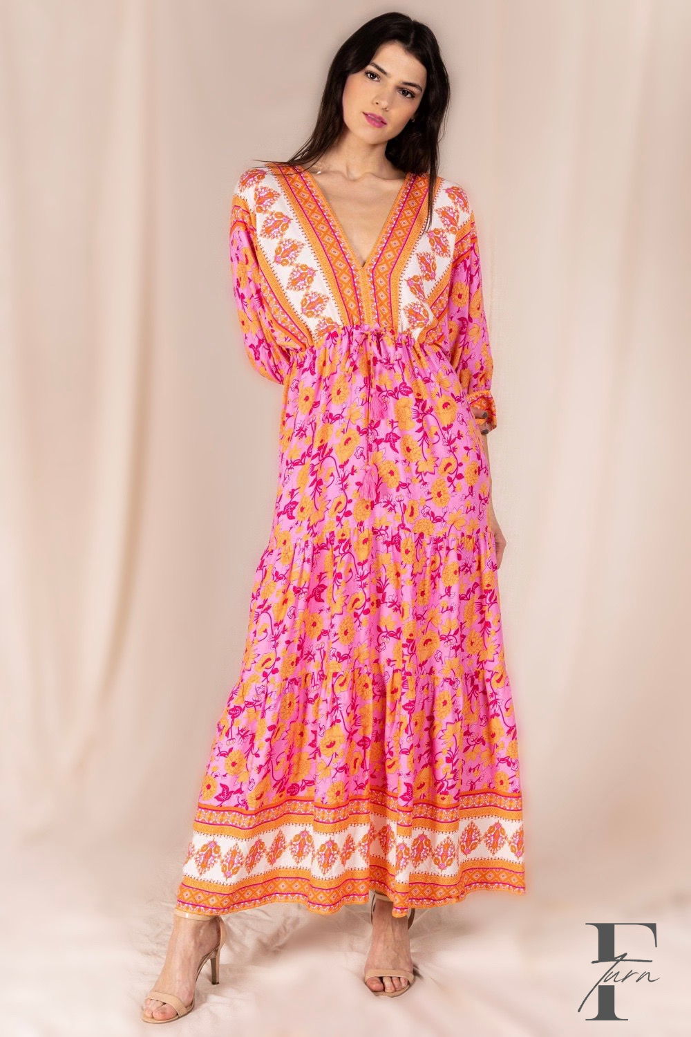 Fancy Tangerine Floral V-Neck Maxi Dress